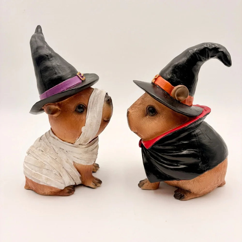 Halloween Capybara Figurine Set 2 Mummy Skeleton Vampire Witch Hat Decor Hamster